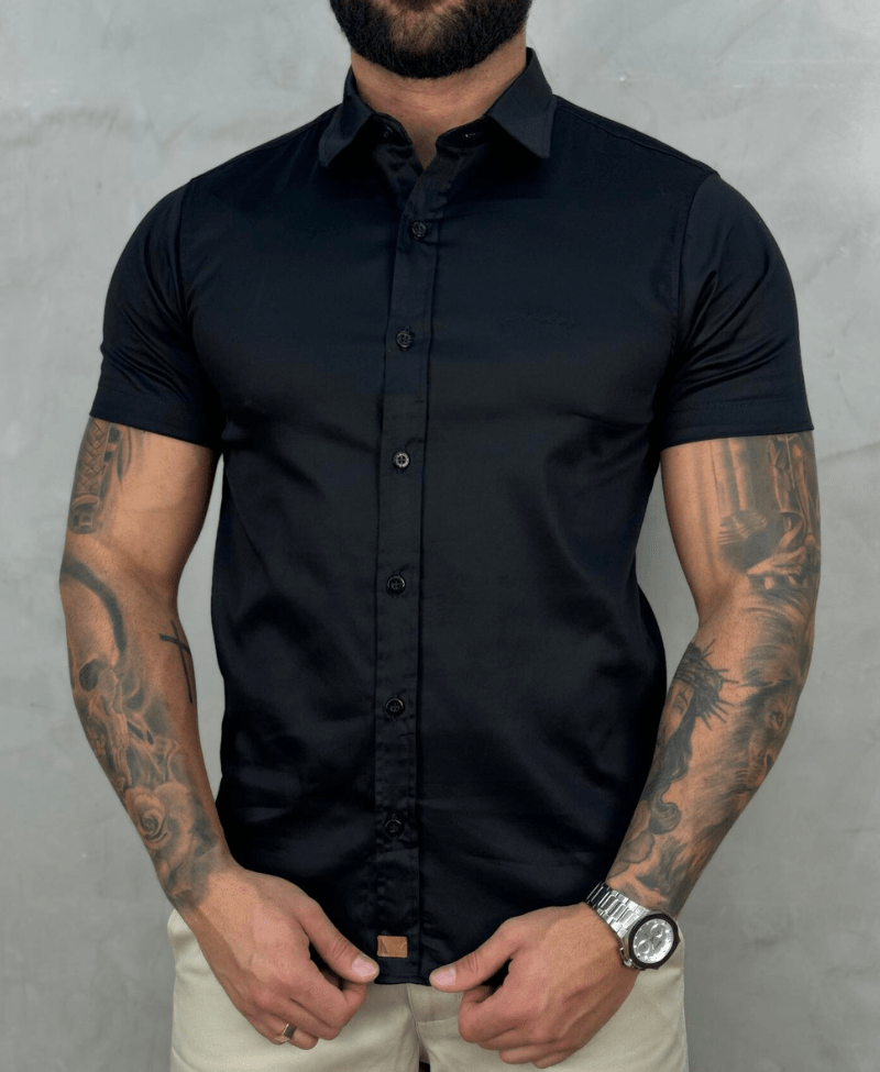 Camisa Social Preta Manga Curta Básica Acetinada - Paladho's Jeans Wear
