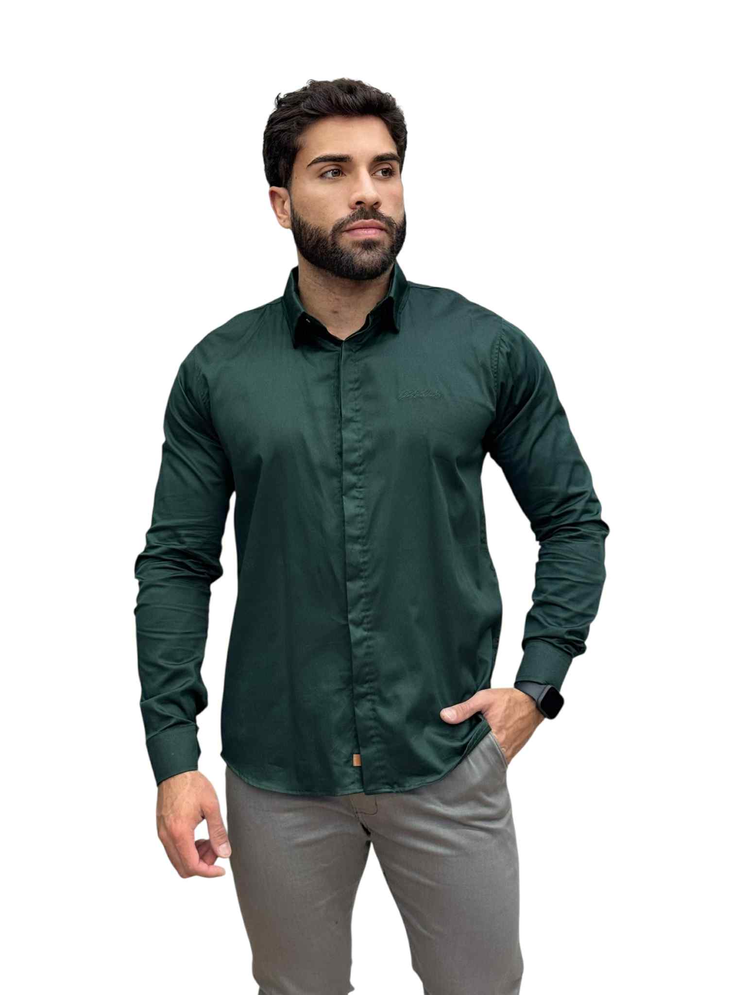 Camisa Social Manga longa Verde Escuro Slim Básica - Paladho's