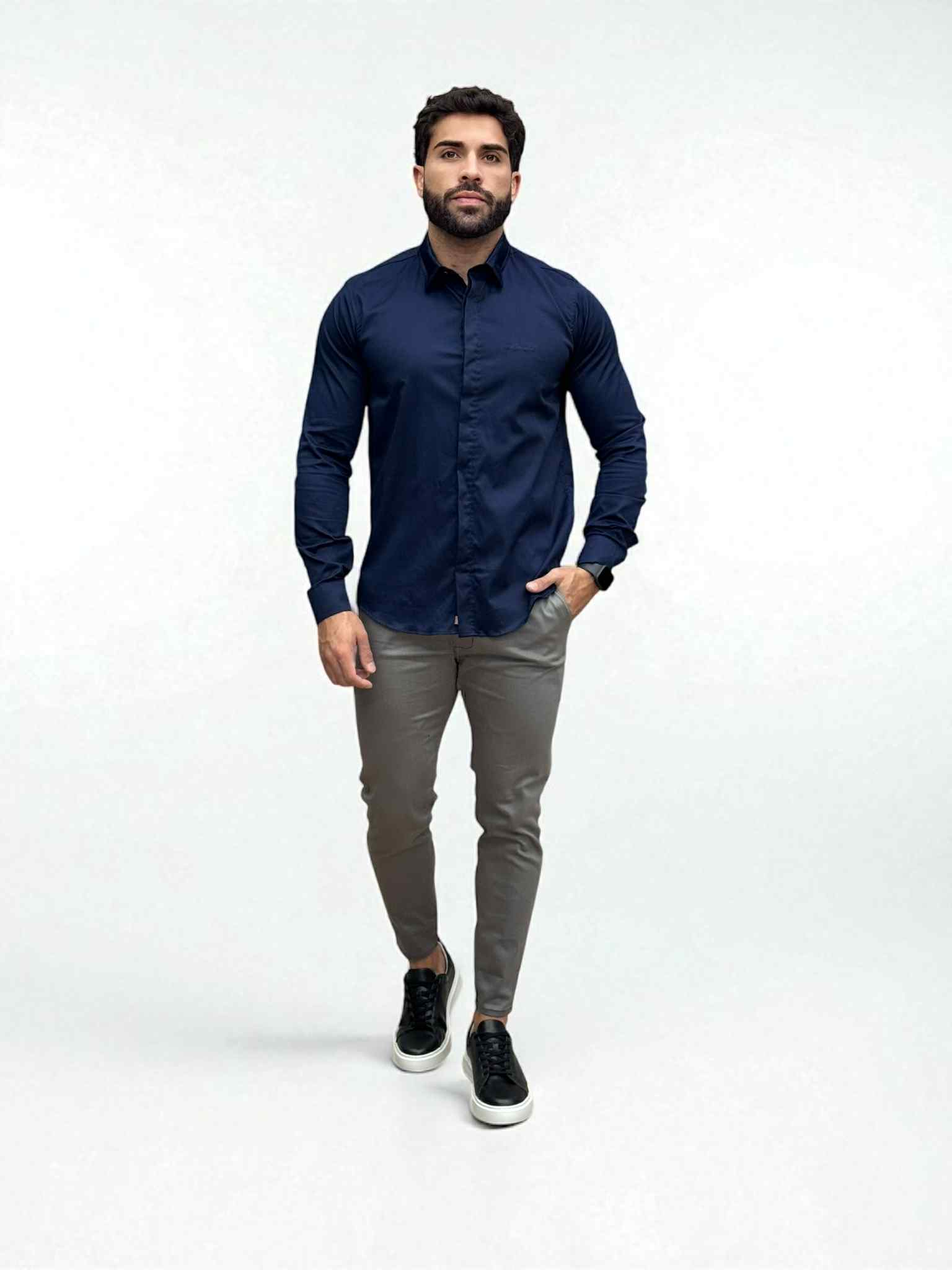 Camisa Social Manga longa Azul Marinho Slim Básica - Paladho's