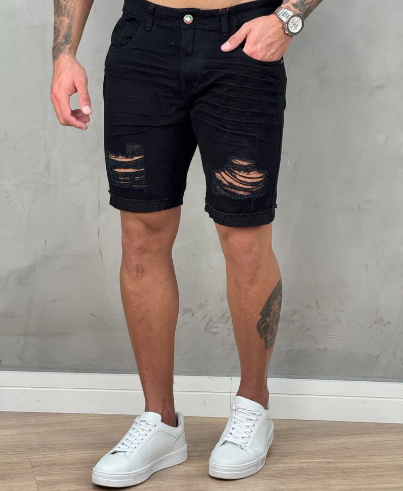 Bermuda Jeans Preta Masculina Destroyed- City Denim 86