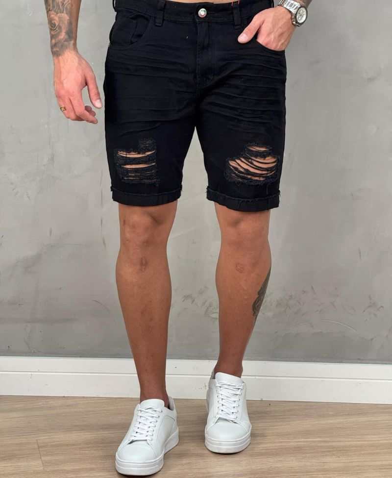 Bermuda Jeans Preta Masculina Destroyed- City Denim 86
