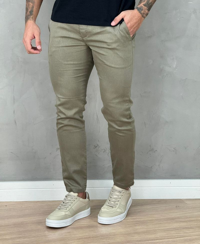 Calça Alfaiataria Caqui Masculina Skinny Acetinado - Visual jeans