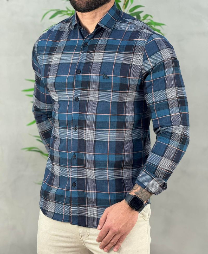 Camisa Casual Azul Xadrez Masculina ML - Acostamento