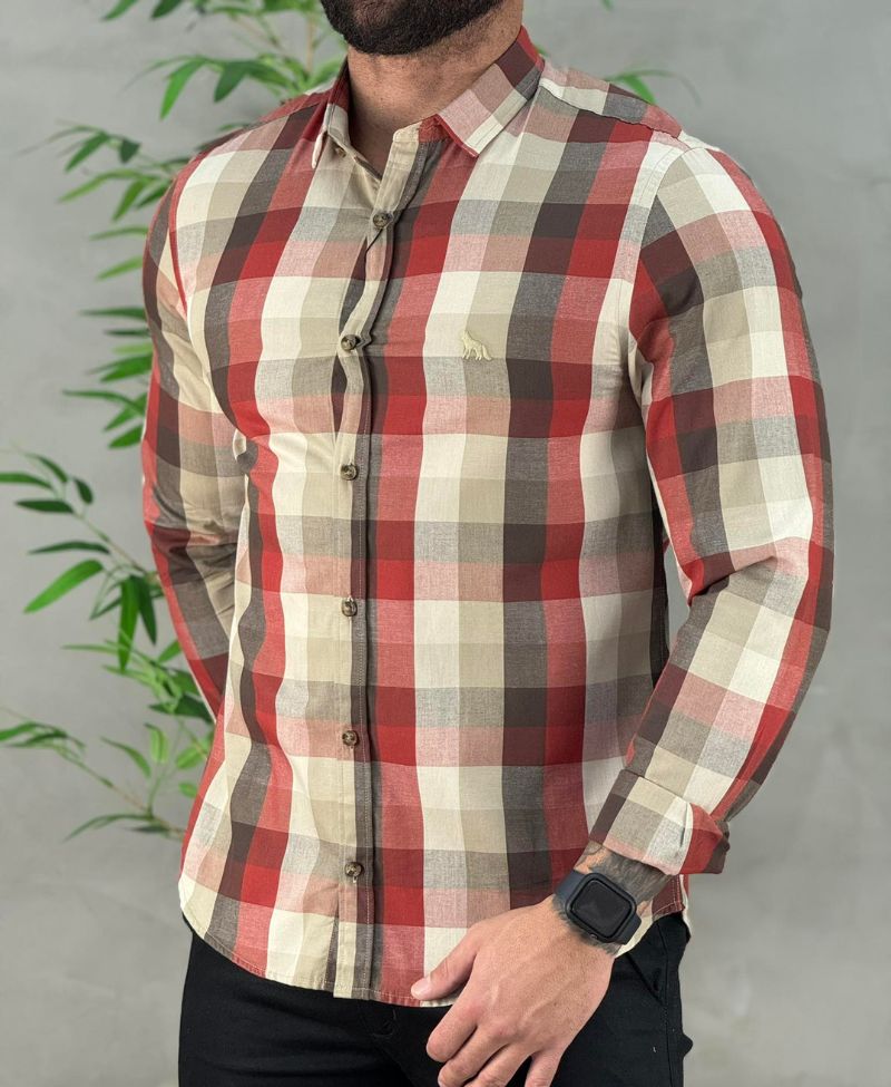 Camisa Casual Caqui Xadrez Masculina ML - Acostamento