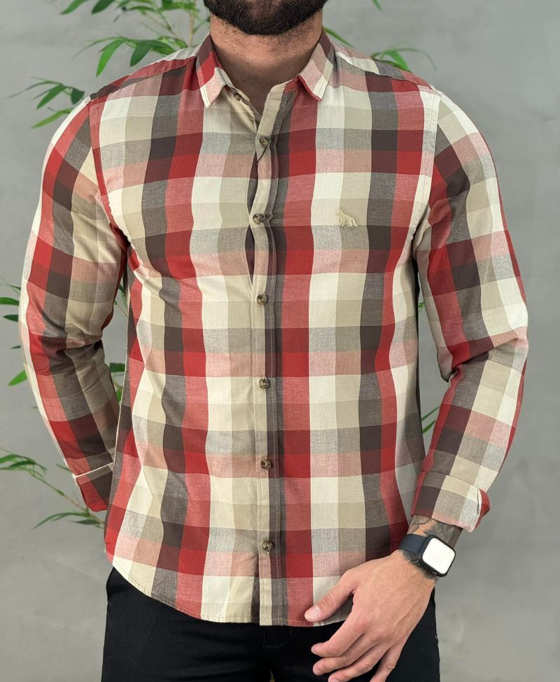 Camisa Casual Caqui Xadrez Masculina ML - Acostamento