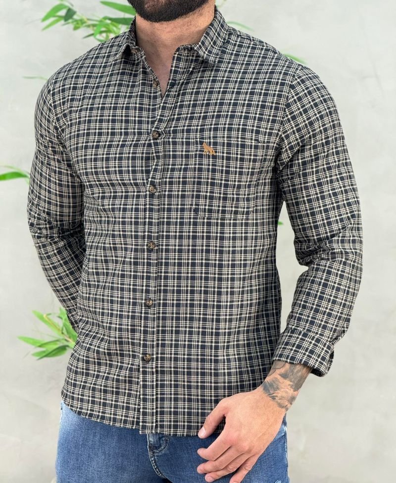 Camisa Casual Preta Xadrez Masculina Quadriculada - Acostamento