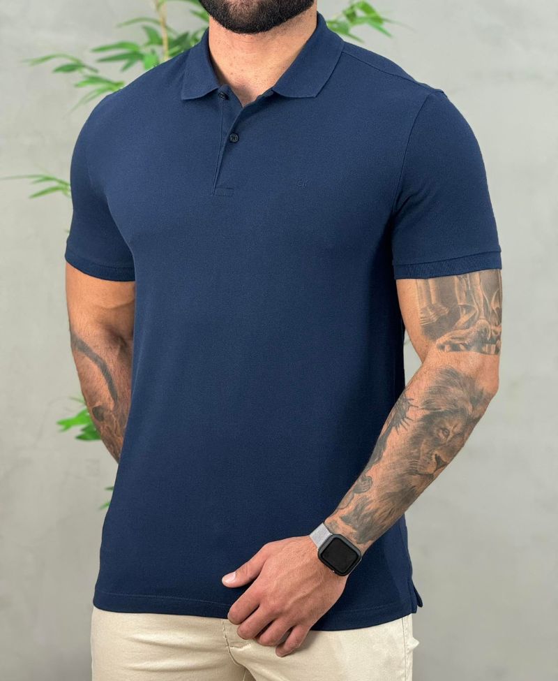 Camisa Polo Azul Marinho Masculina Regular Sem Friso - Calvin Klein