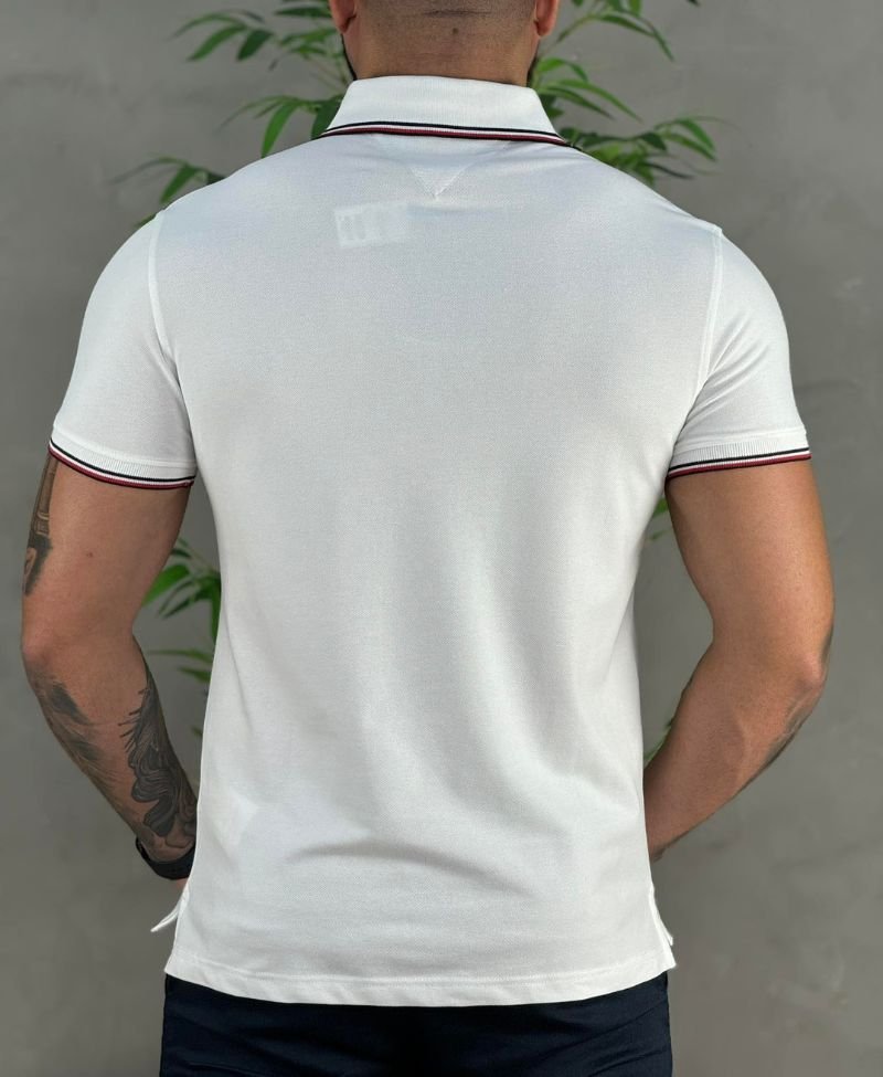 Camisa Polo Branca Masculina Slim Com Frisos - Tommy Hilfiger