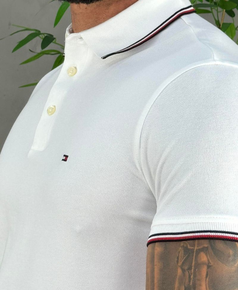 Camisa Polo Branca Masculina Slim Com Frisos - Tommy Hilfiger