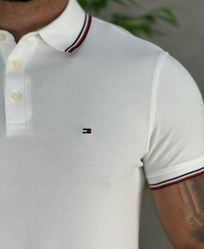 Camisa Polo Branca Masculina Slim Com Frisos - Tommy Hilfiger