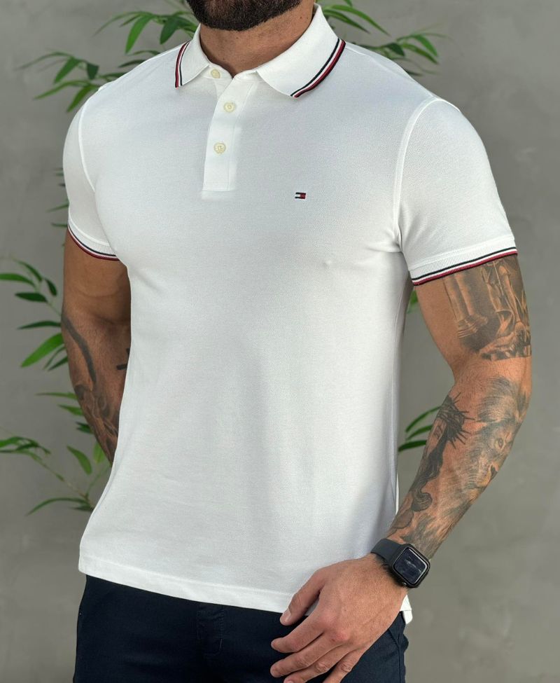 Camisa Polo Branca Masculina Slim Com Frisos - Tommy Hilfiger