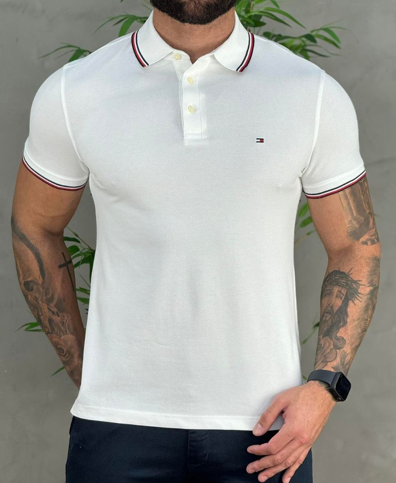 Camisa Polo Branca Masculina Slim Com Frisos - Tommy Hilfiger