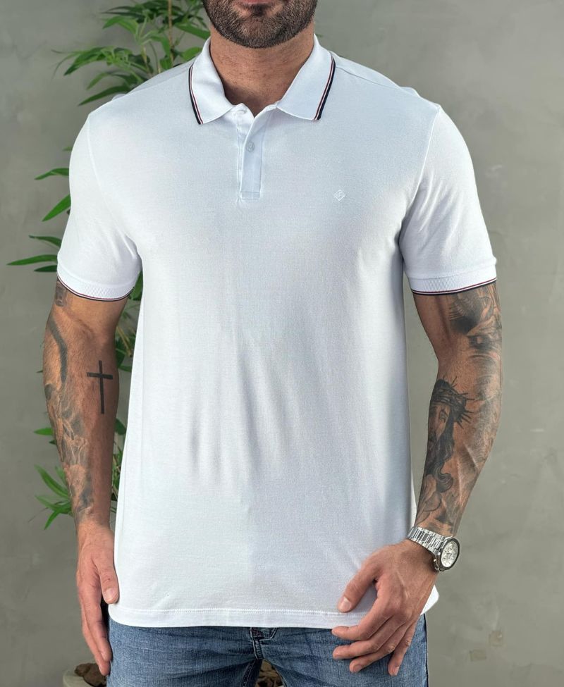 Camisa Polo Branca Masculina With Trims - Forum