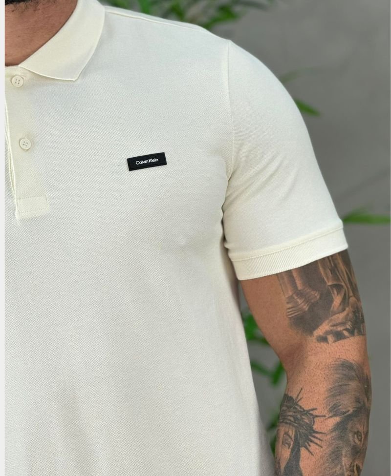 Camisa Polo Off White Masculina Slim Piquet - Calvin Klein