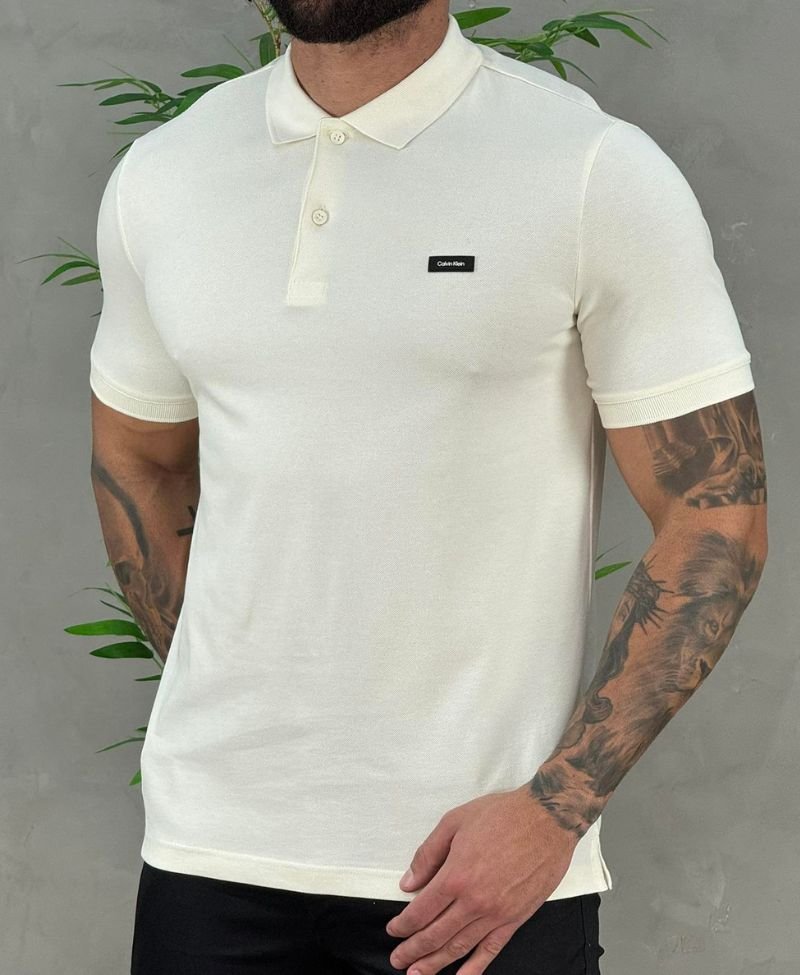 Camisa Polo Off White Masculina Slim Piquet - Calvin Klein