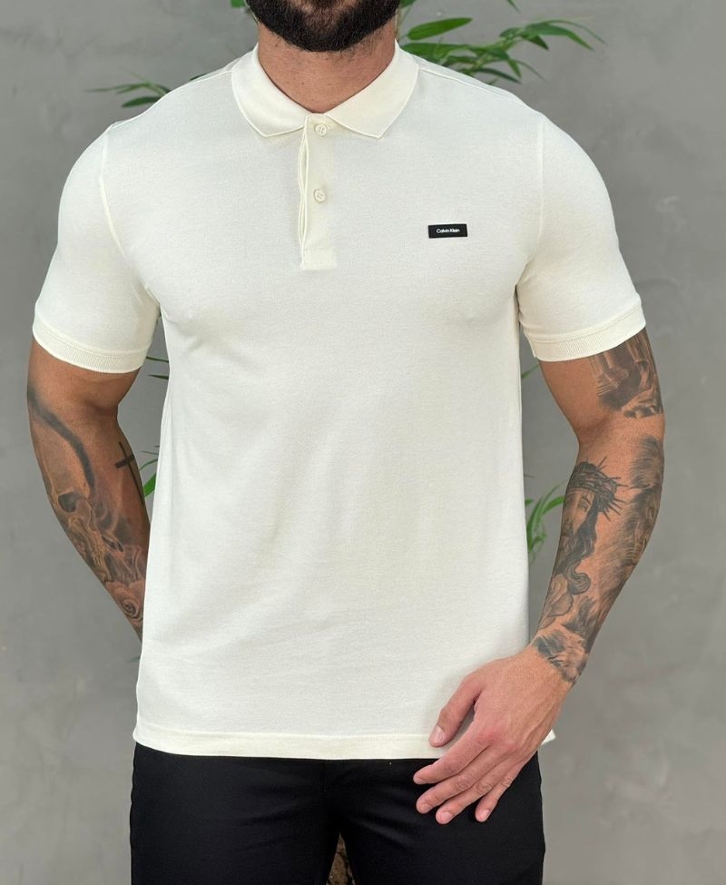 Camisa Polo Off White Masculina Slim Piquet - Calvin Klein