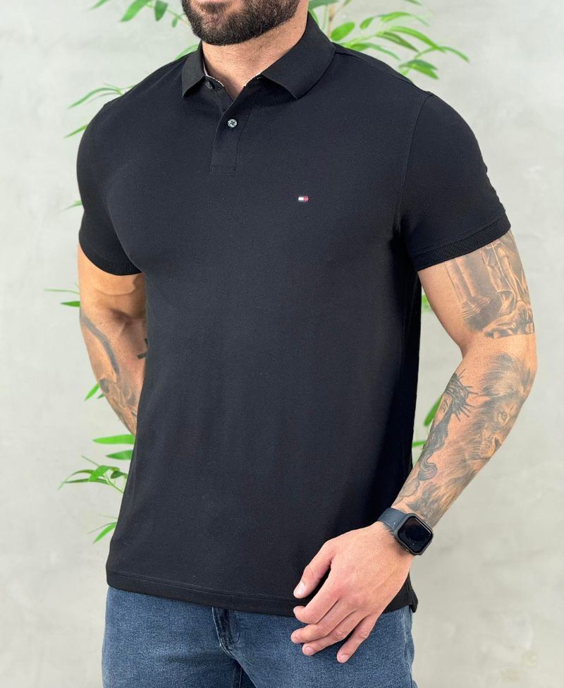 Camisa Polo Preta Masculina Piquet Regular Fit - Tommy Hilfiger