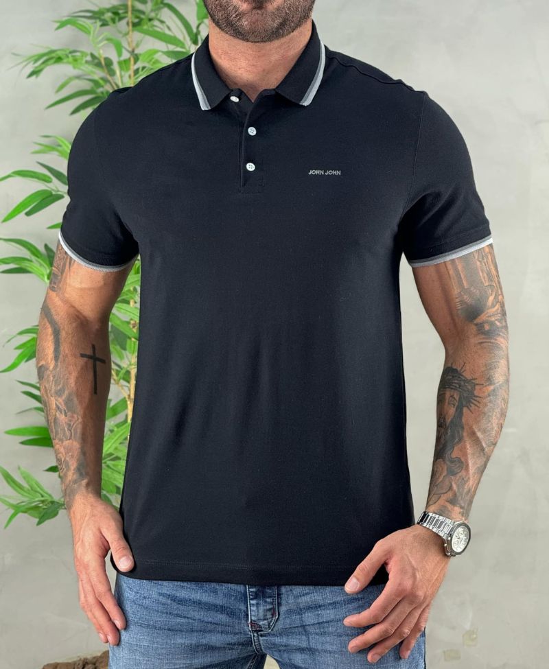 Camisa Polo Preta Masculina Two Lines - John John