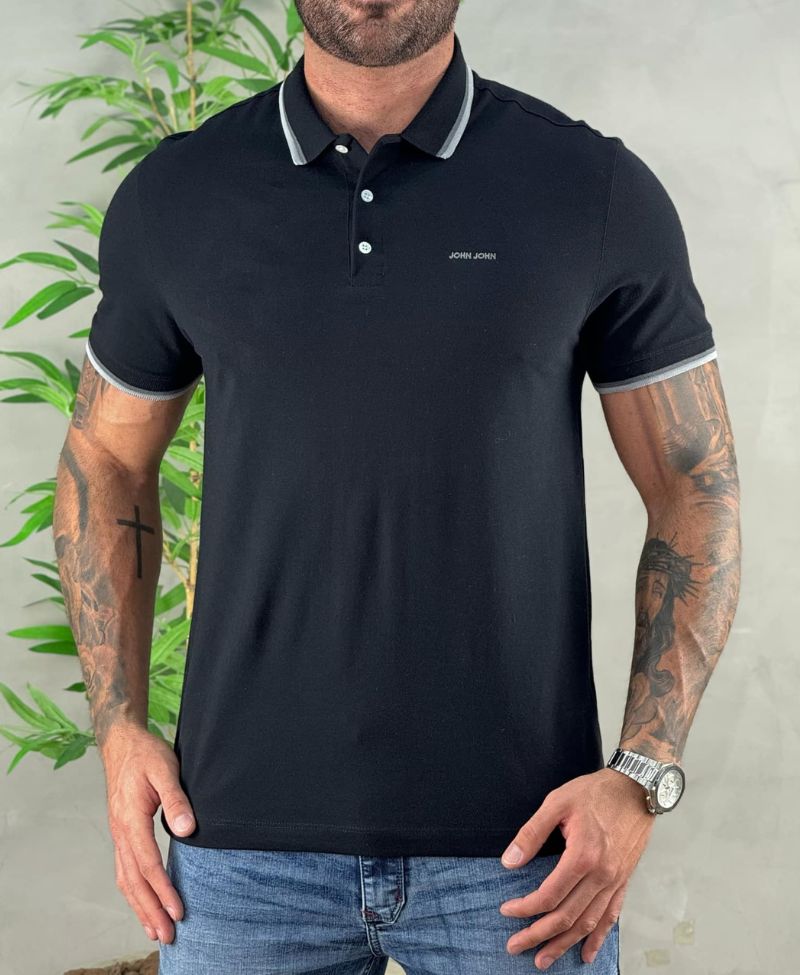 Camisa Polo Preta Masculina Two Lines - John John