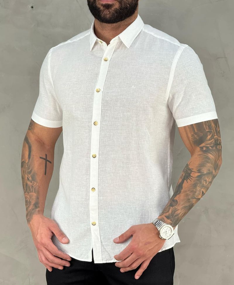 Camisa Social Areia Manga Curta Masculina Slim - Aramis