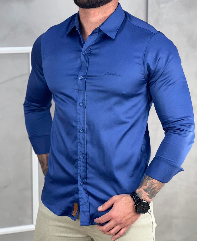 Camisa Social Azul Bic Básica Acetinada - Paladho's Jeans Wear