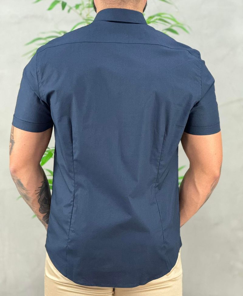 Camisa Social Azul Marinho Manga Curta Masculina Slim Stretch - Aramis
