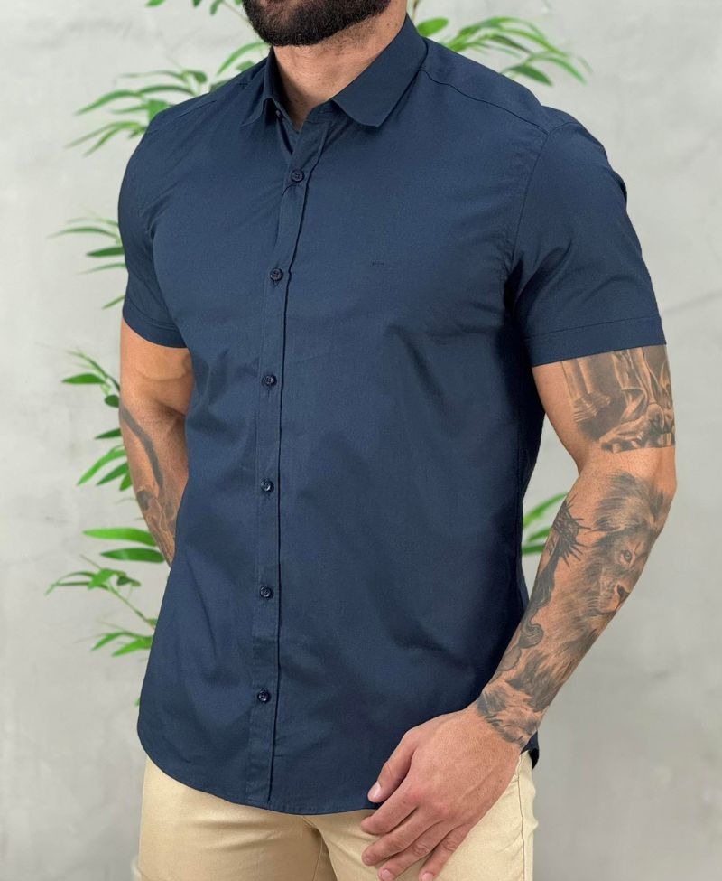 Camisa Social Azul Marinho Manga Curta Masculina Slim Stretch - Aramis
