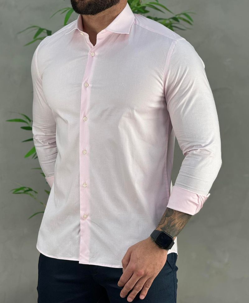 Camisa Social Rosa Bebe Manga Longa Masculina Slim Stretch - Aramis