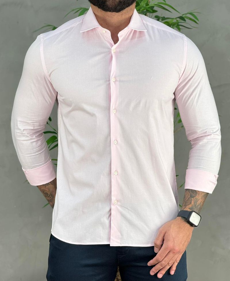 Camisa Social Rosa Bebe Manga Longa Masculina Slim Stretch - Aramis