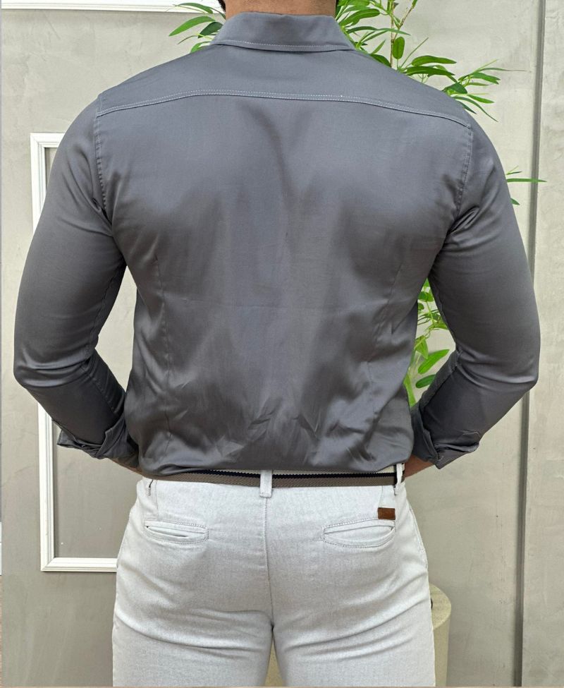 Camisa Social Cinza Escuro Básica Acetinada - Paladho's Jeans Wear