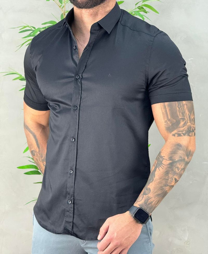 Camisa Social Preta Manga Curta Masculina Super Slim - Aramis