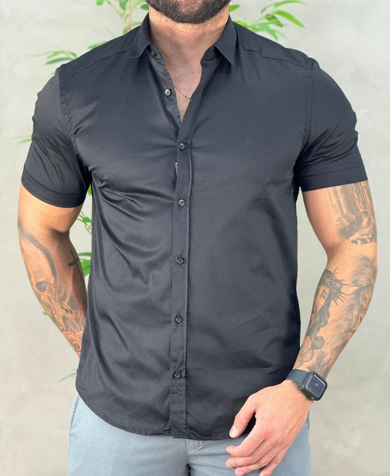 Camisa Social Preta Manga Curta Masculina Super Slim - Aramis