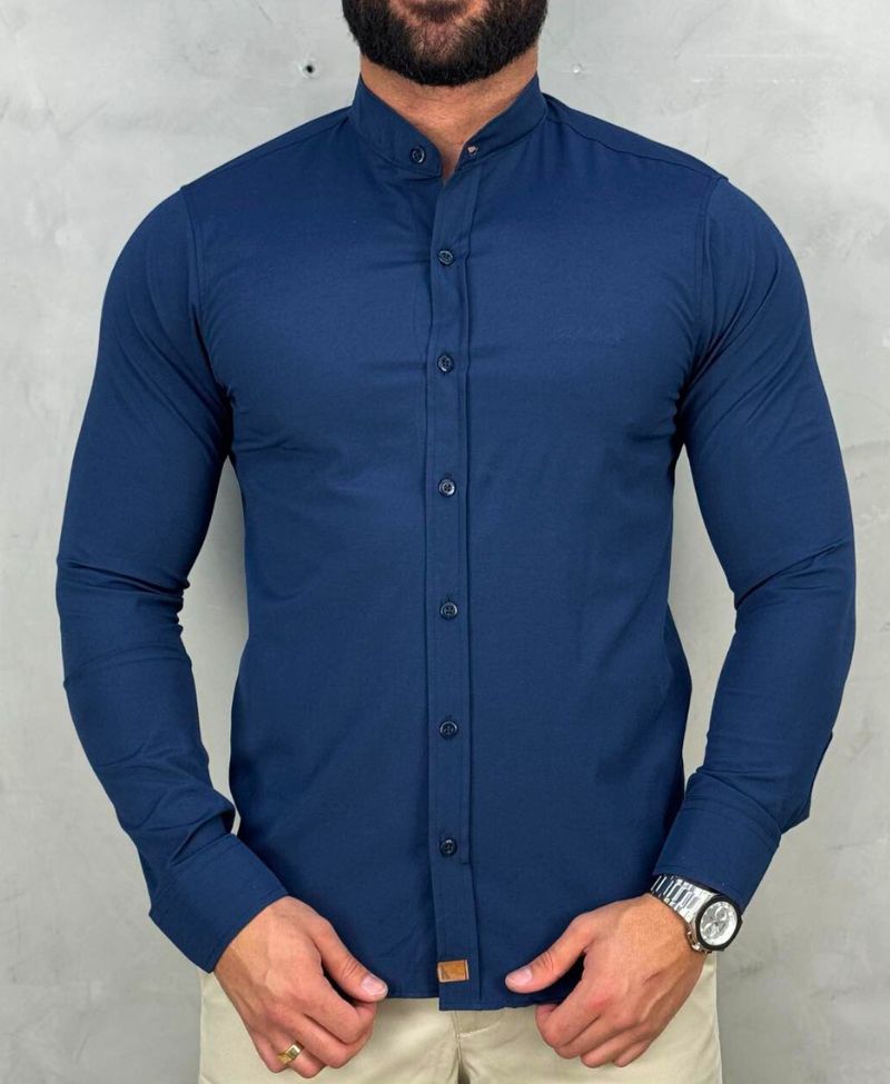 Camisa Social Azul Marinho Gola Padre Manga Longa Com Logo No Peito - Paladho's Jeans Wear