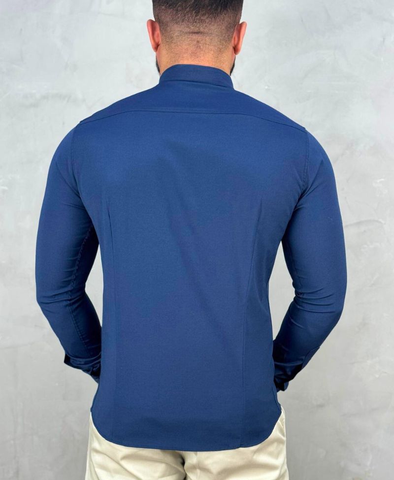 Camisa Social Azul Marinho Gola Padre Manga Longa Com Logo No Peito - Paladho's Jeans Wear