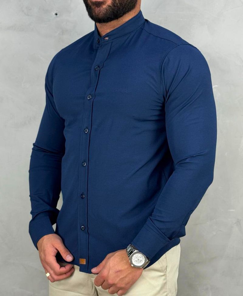 Camisa Social Azul Marinho Gola Padre Manga Longa Com Logo No Peito - Paladho's Jeans Wear