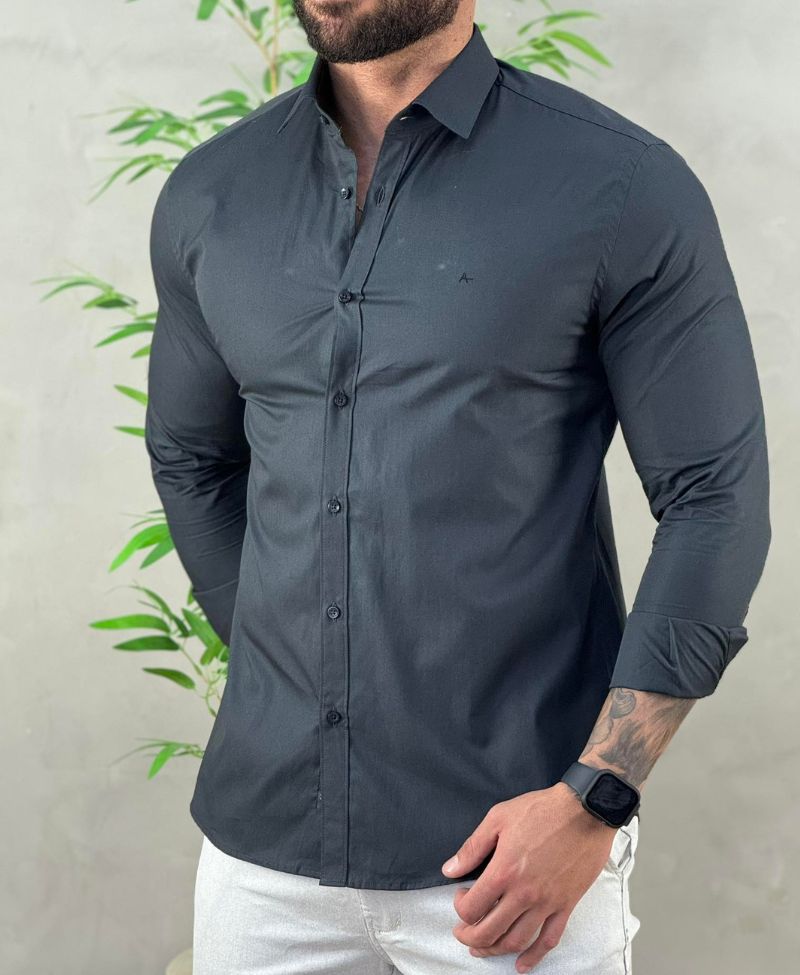 Camisa Social Preta Manga Longa Masculina Stretch - Aramis