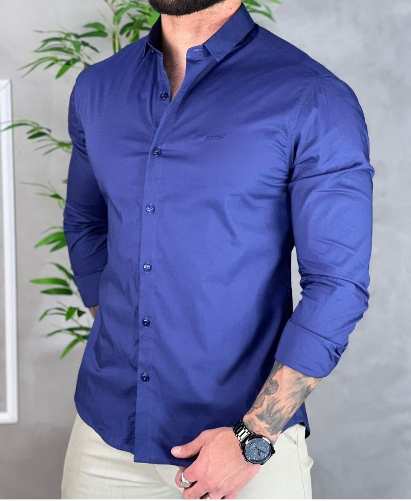 Camisa Social Azul Masculina Básica Acetinada - Per Pochi