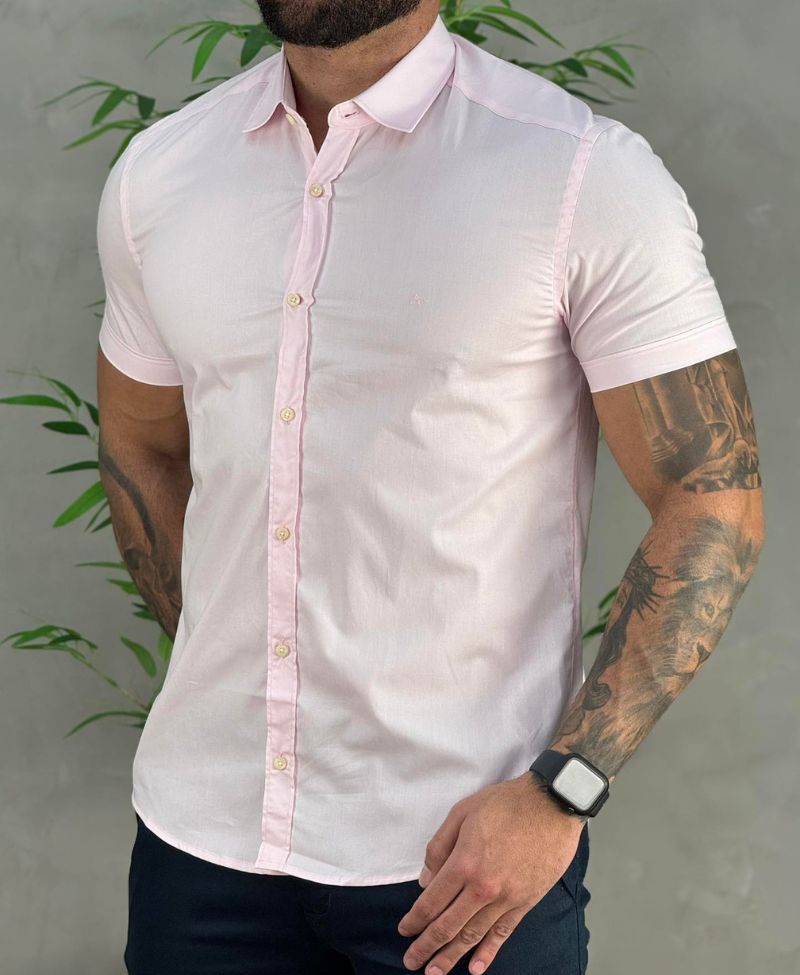 Camisa Social Rosa Bebe Manga Curta Masculina Slim Stretch - Aramis