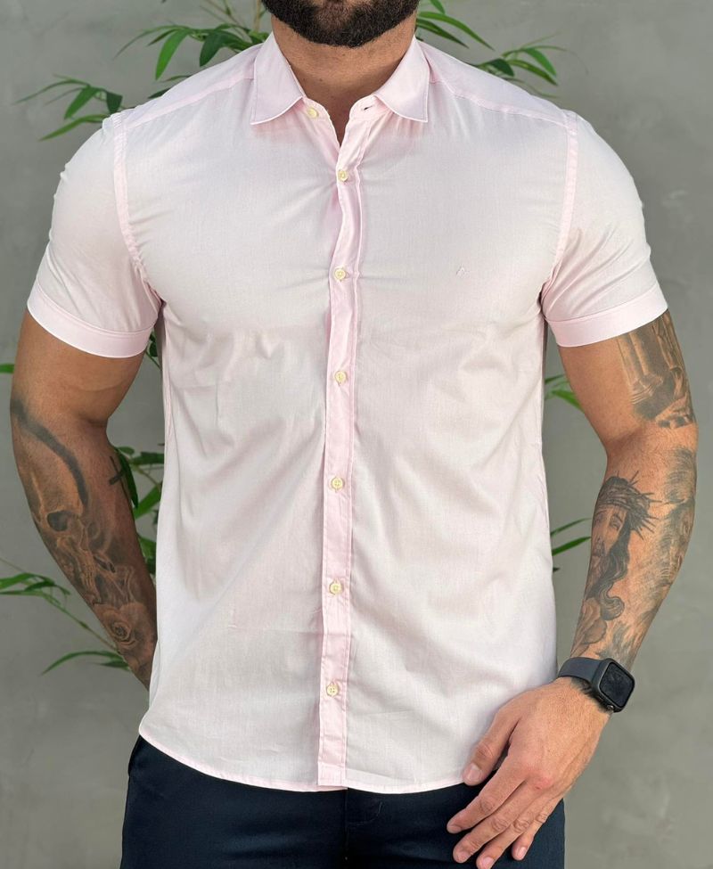 Camisa Social Rosa Bebe Manga Curta Masculina Slim Stretch - Aramis