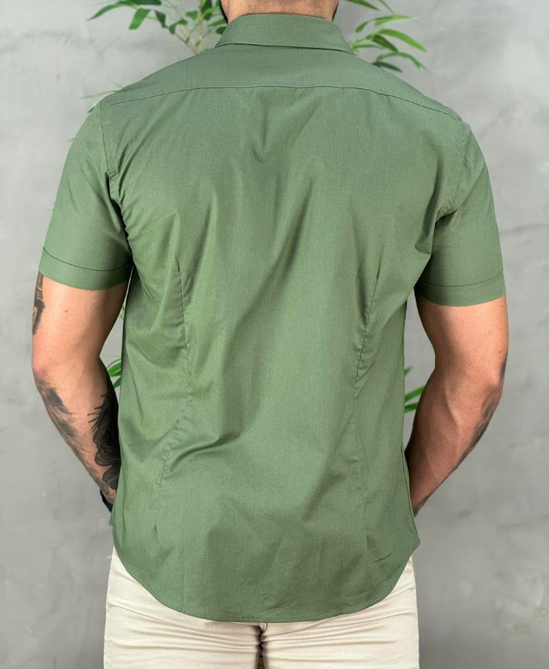 Camisa Social Verde Musgo Manga Curta Masculina Stretch Slim - Aramis