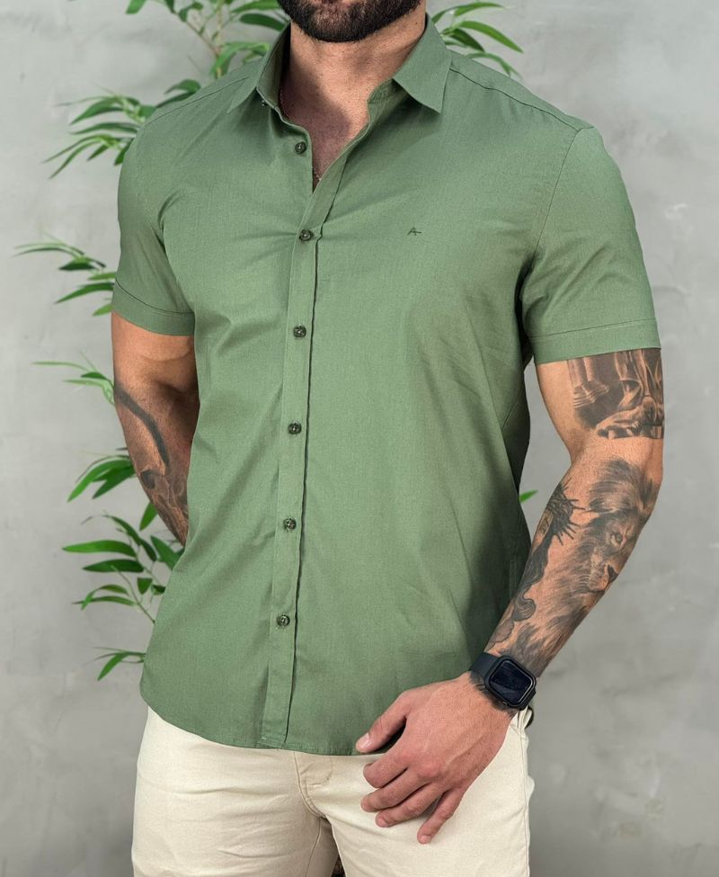 Camisa Social Verde Musgo Manga Curta Masculina Stretch Slim - Aramis