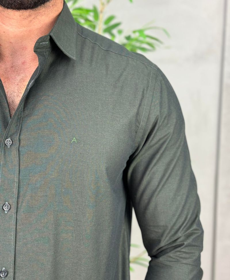 Camisa Verde Militar Manga Longa Masculina Slim - Aramis