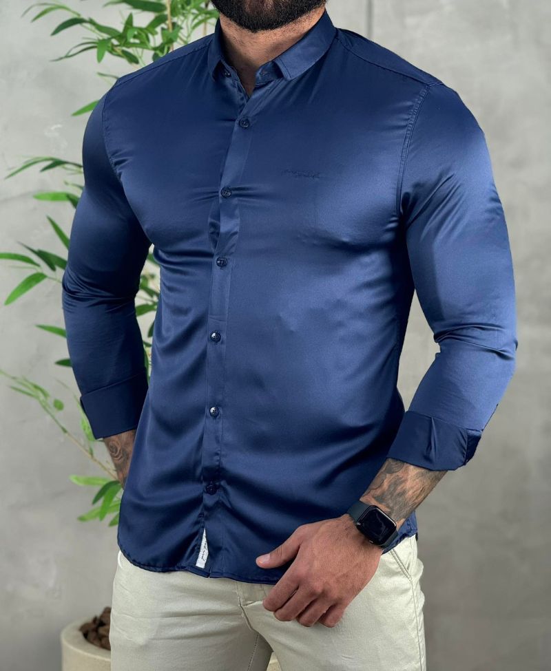 Camisa Social Azul Marinho Masculina Básica Acetinada - Per Pochi