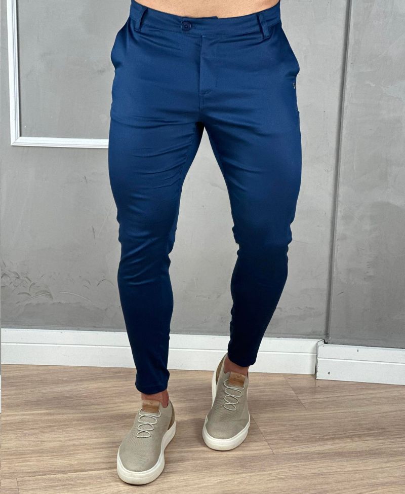 Calça Alfaiataria Azul Marinho Masculina Acetinada Skinny - Per Pochi