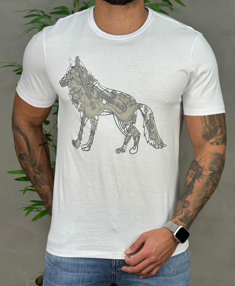 Camiseta Branco Casual Masculina Wolf Guitar - Acostamento