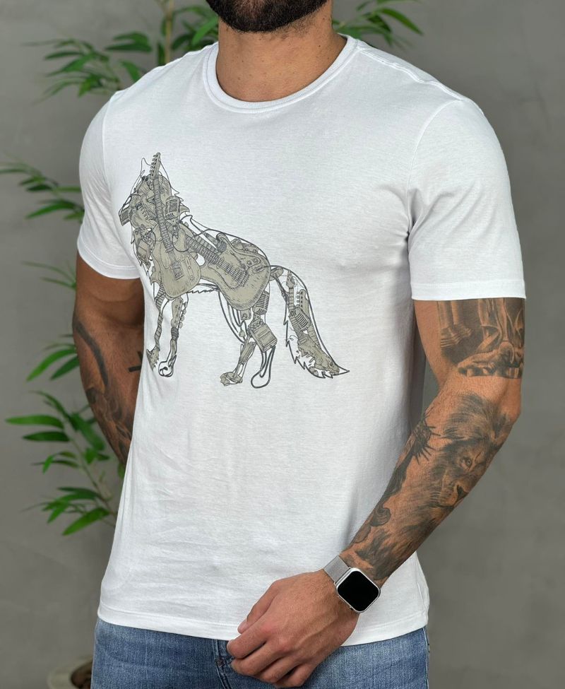 Camiseta Branco Casual Masculina Wolf Guitar - Acostamento