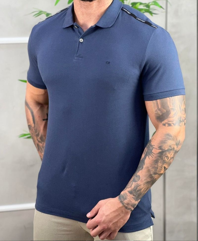 Camisa Polo Azul Marinho Masculina Logo on shoulder - Calvin Klein