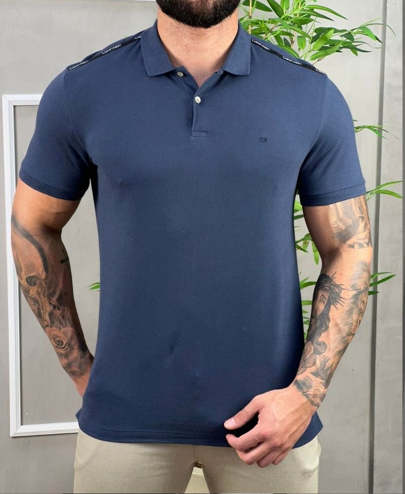 Camisa Polo Azul Marinho Masculina Logo on shoulder - Calvin Klein