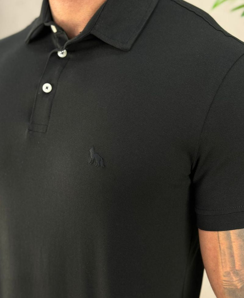 Camisa Polo Preta Masculina Logo Wolf - Acostamento