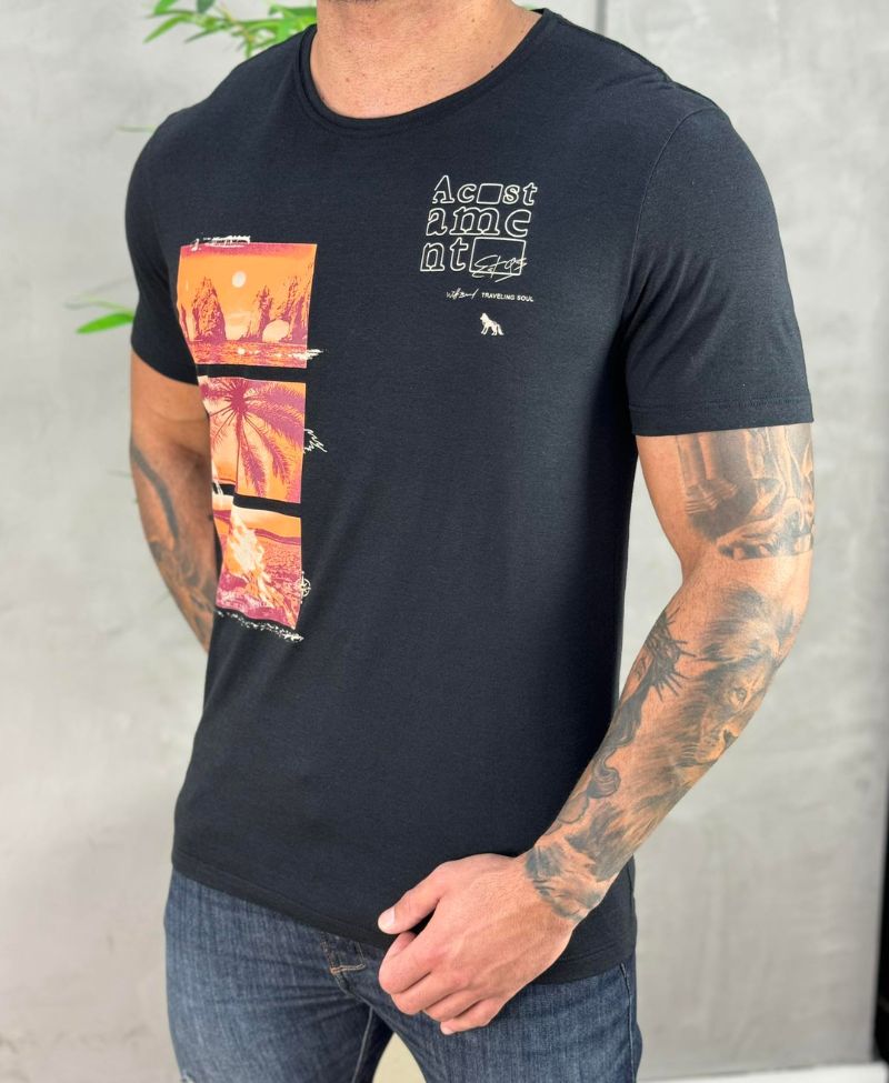 Camiseta Preta Casual Masculina Mc - Acostamento